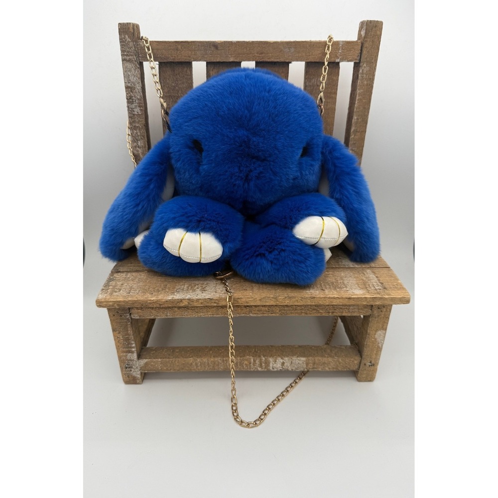Royal Blue Faux Fur Plush Bunny Rabbit Crossbody Bag Gold Chain Novelty Purse